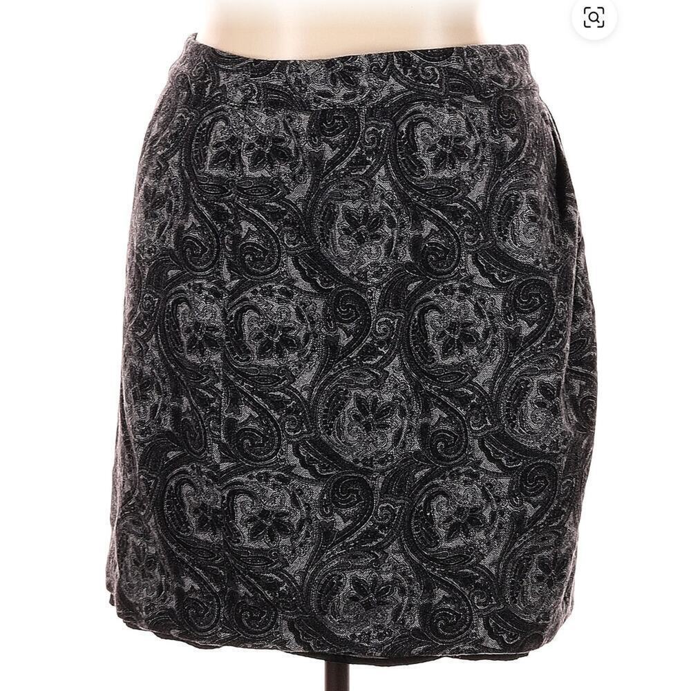 Talbots Wool Blend Floral Wrap Mini Skirt 12P Black Gray Jacquard - Picture 2 of 13